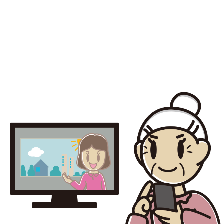テレビを見ながらスマホを使うおばあさんのイラスト【色あり、背景なし】透過PNG