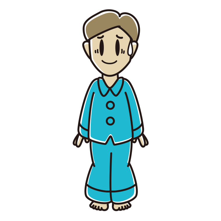 苦笑いするパジャマの男性のイラスト【色あり、背景なし】透過PNG