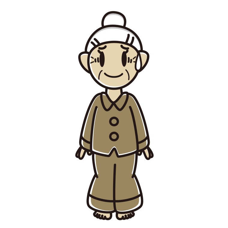 苦笑いするパジャマのおばあさんのイラスト【色あり、背景なし】透過PNG