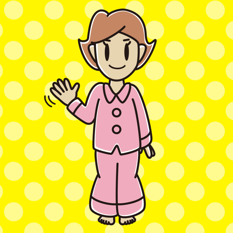 手を振るパジャマの女性のイラスト【色、背景あり】PNG