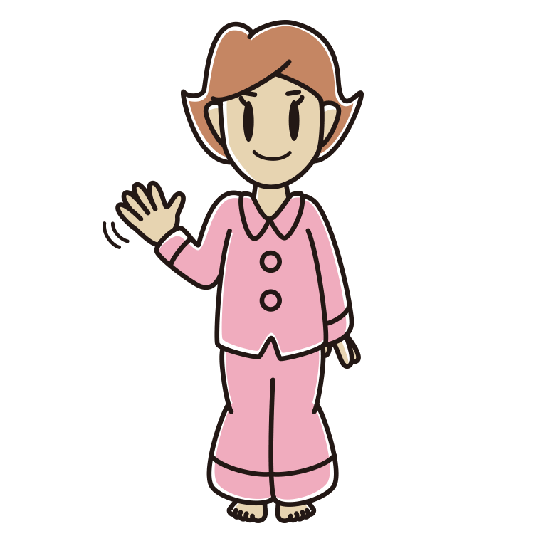 手を振るパジャマの女性のイラスト【色あり、背景なし】透過PNG