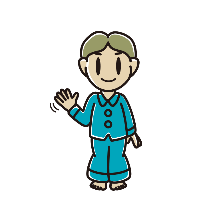 手を振るパジャマの小学生男子のイラスト【色あり、背景なし】透過PNG