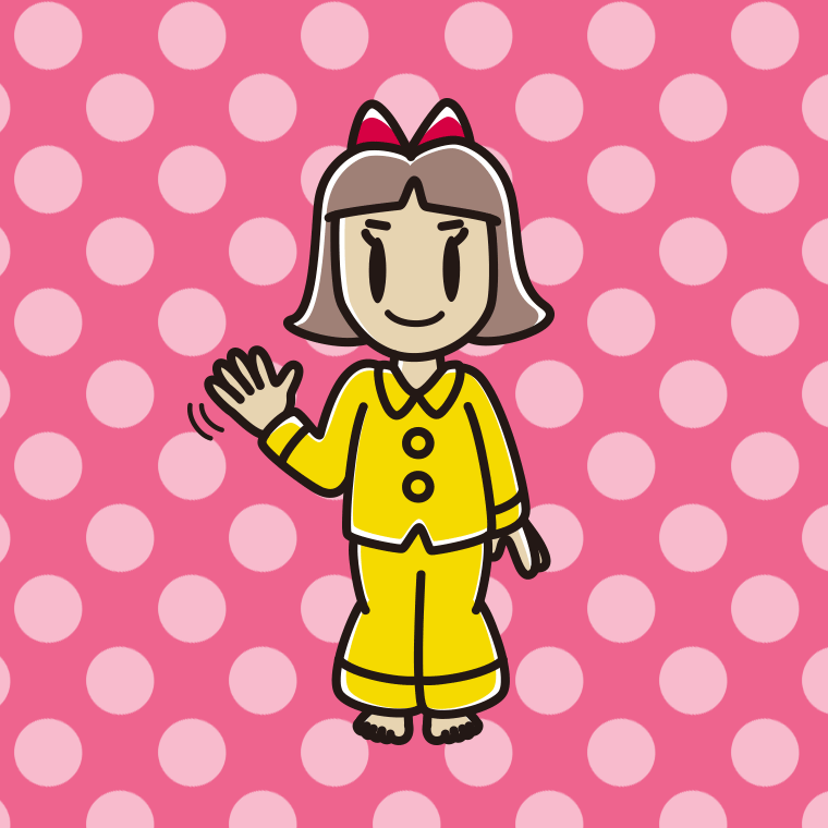手を振るパジャマの小学生女子のイラスト【色、背景あり】PNG