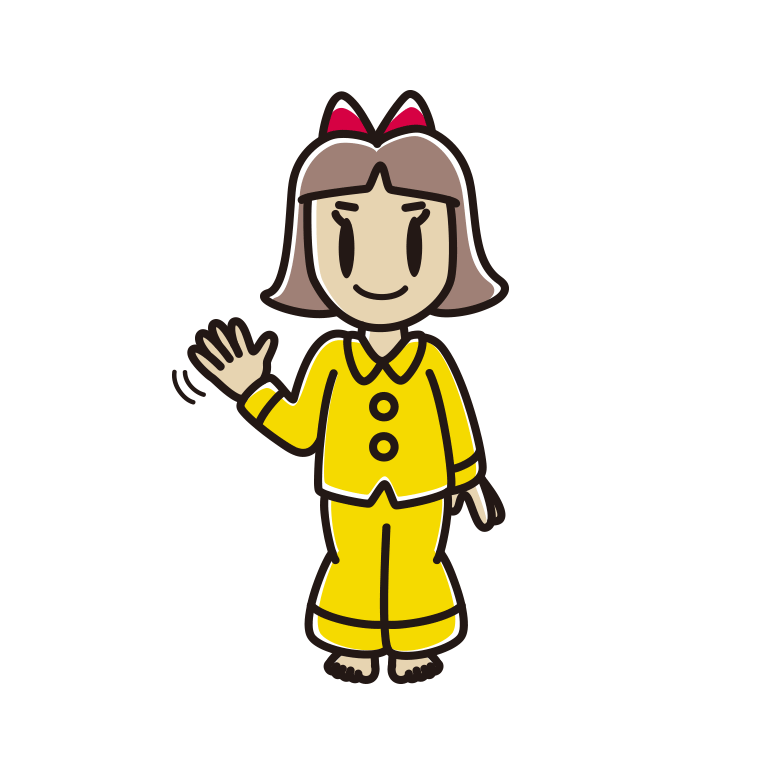 手を振るパジャマの小学生女子のイラスト【色あり、背景なし】透過PNG