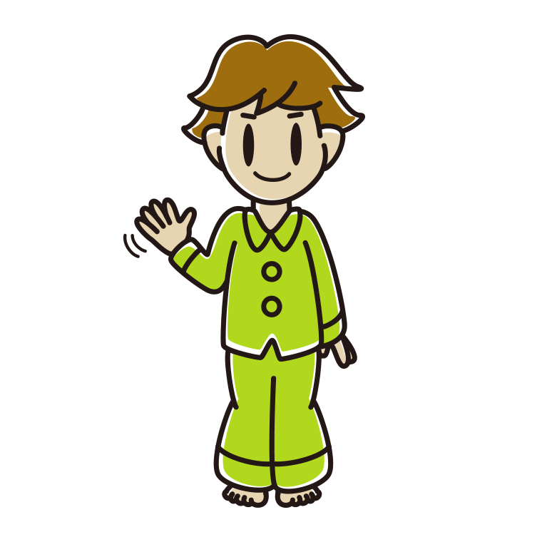 手を振るパジャマの男子高校生のイラスト【色あり、背景なし】透過PNG