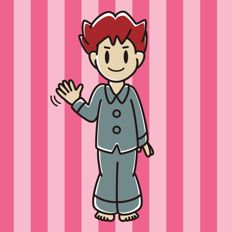 手を振るパジャマの男子大学生のイラスト【色、背景あり】PNG