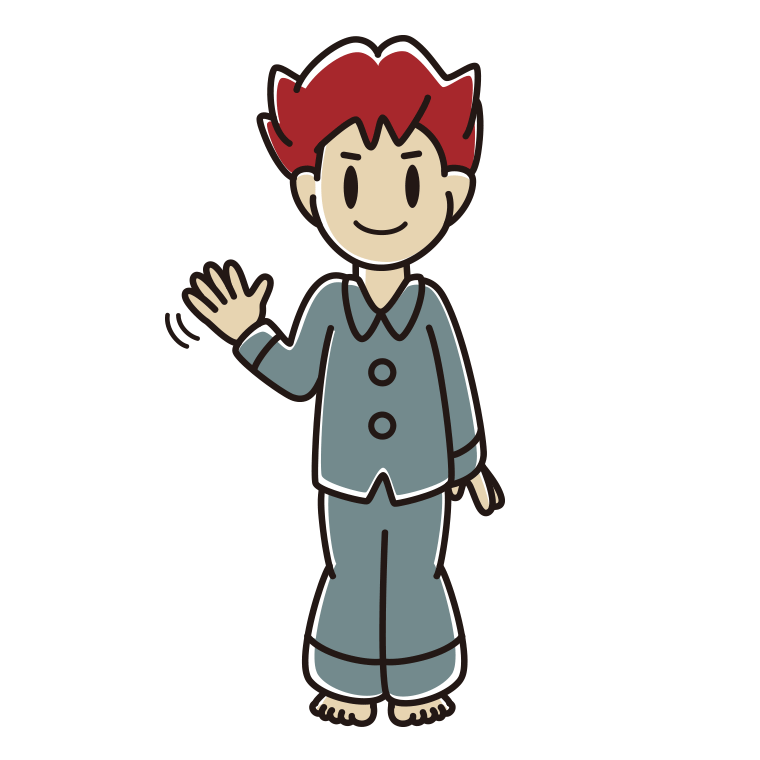 手を振るパジャマの男子大学生のイラスト【色あり、背景なし】透過PNG