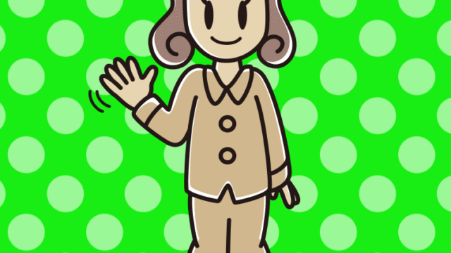 手を振るパジャマの女子大学生のイラスト【色、背景あり】PNG