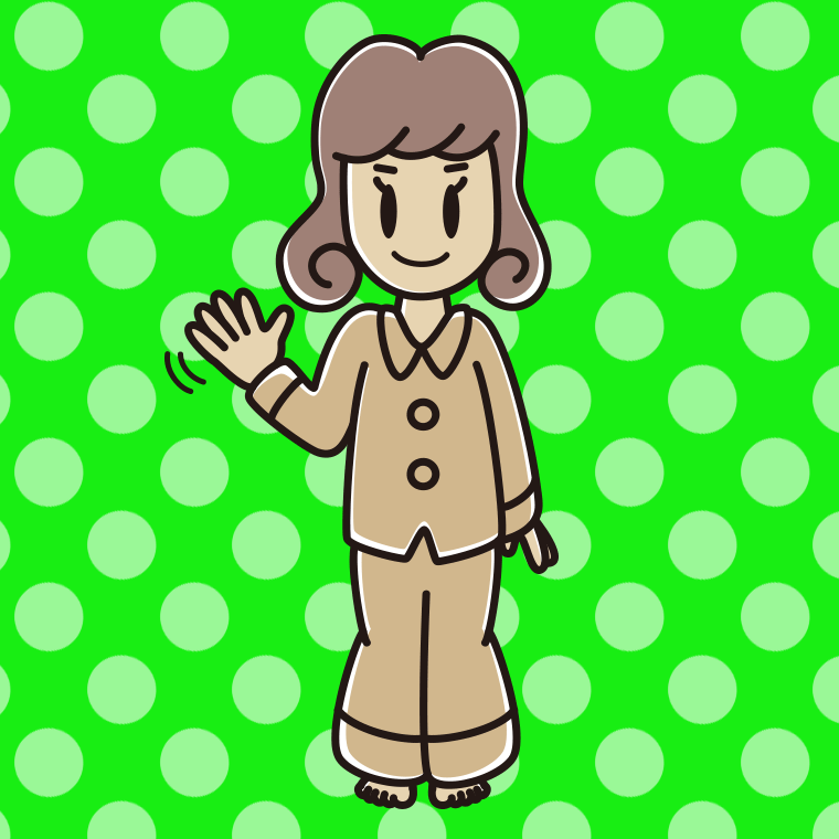 手を振るパジャマの女子大学生のイラスト【色、背景あり】PNG