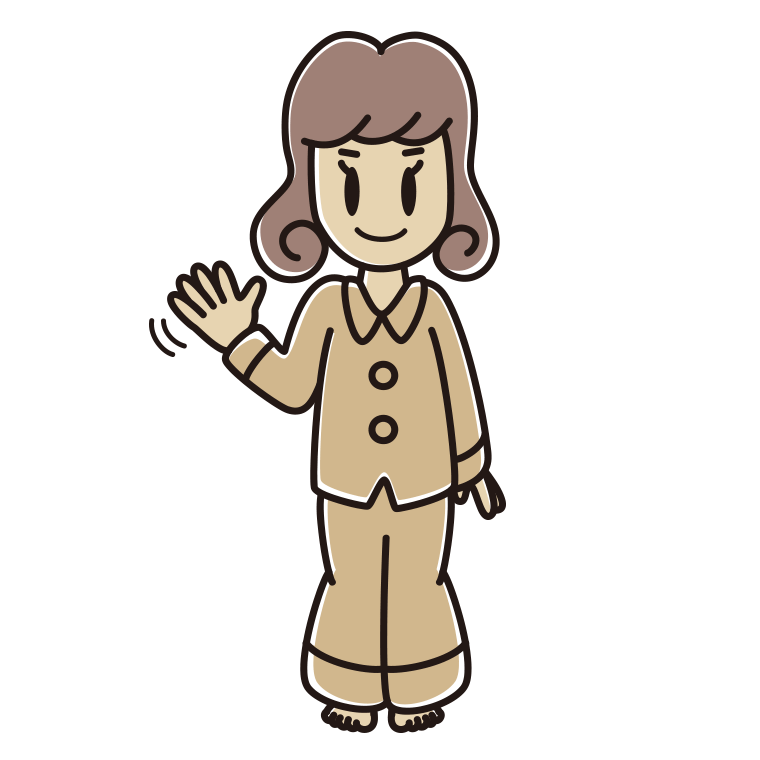 手を振るパジャマの女子大学生のイラスト【色あり、背景なし】透過PNG