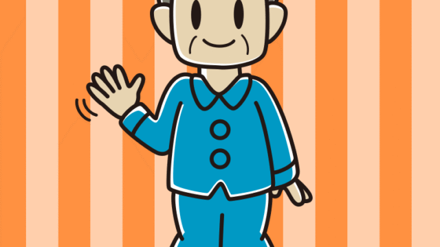 手を振るパジャマのおじさんのイラスト【色、背景あり】PNG