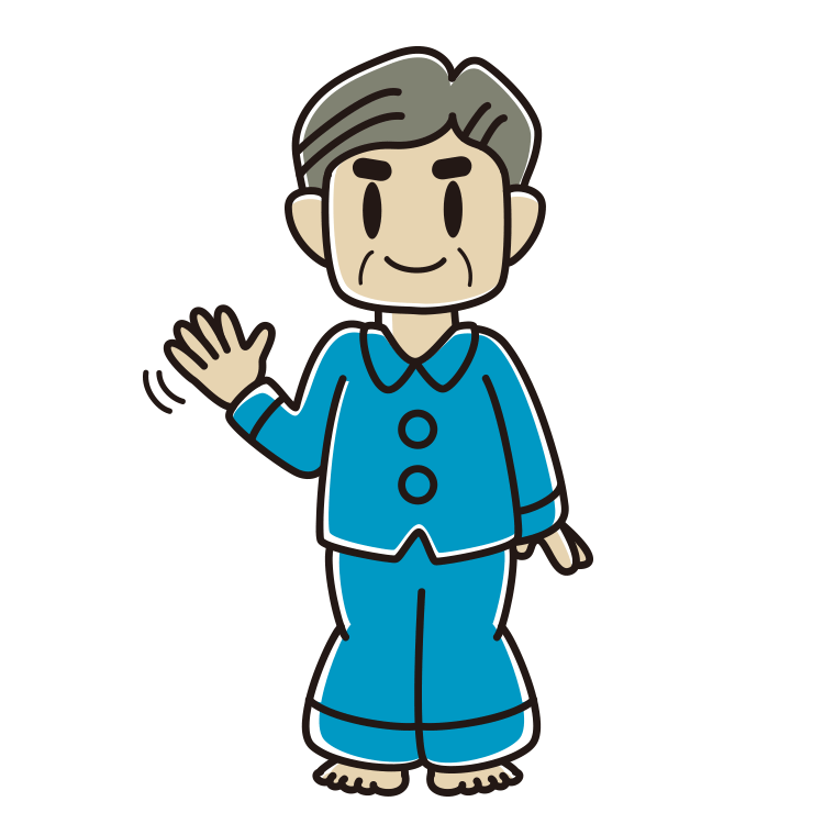 手を振るパジャマのおじさんのイラスト【色あり、背景なし】透過PNG