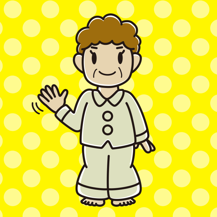 手を振るパジャマのおばさんのイラスト【色、背景あり】PNG