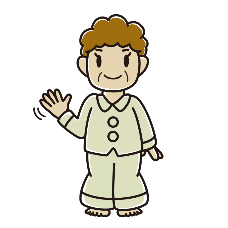 手を振るパジャマのおばさんのイラスト【色あり、背景なし】透過PNG
