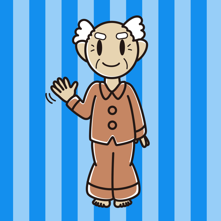 手を振るパジャマのおじいさんのイラスト【色、背景あり】PNG