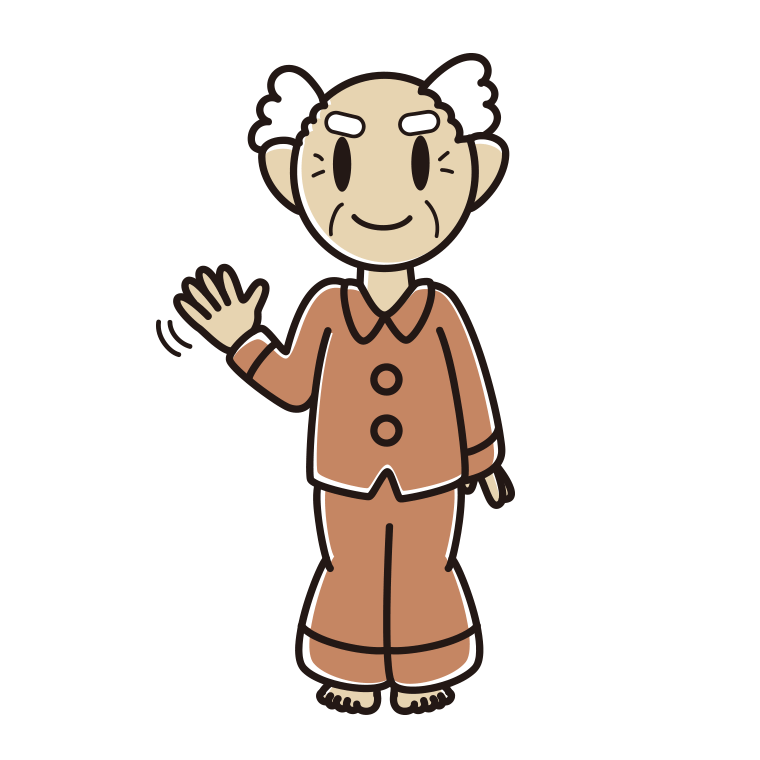 手を振るパジャマのおじいさんのイラスト【色あり、背景なし】透過PNG