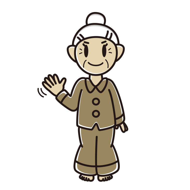 手を振るパジャマのおばあさんのイラスト【色あり、背景なし】透過PNG