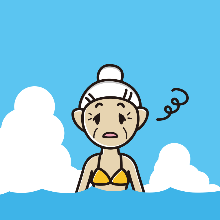 海に入ってぼーっとするおばあさんのイラスト【色、背景あり】PNG