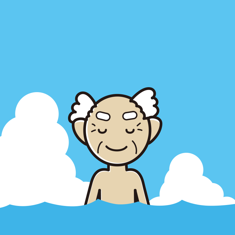 海に入って目を閉じるおじいさんのイラスト【色、背景あり】PNG