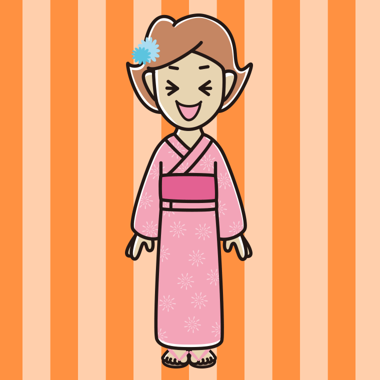 笑う浴衣姿の女性のイラスト【色、背景あり】PNG