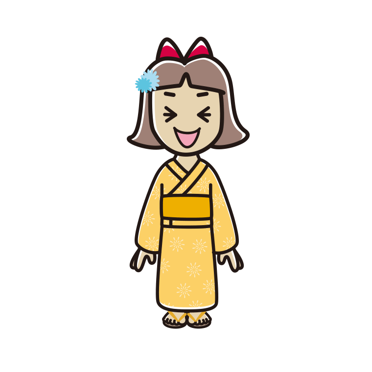 笑う浴衣姿の小学生女子のイラスト【色あり、背景なし】透過PNG