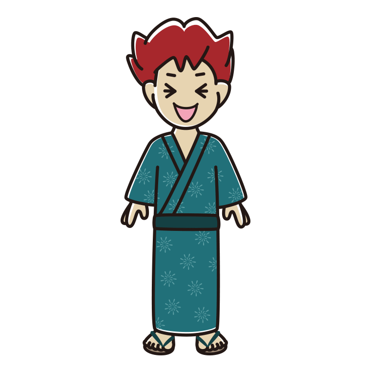 笑う浴衣姿の男子大学生のイラスト【色あり、背景なし】透過PNG