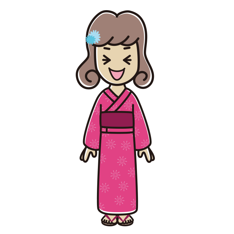 笑う浴衣姿の女子大学生のイラスト【色あり、背景なし】透過PNG