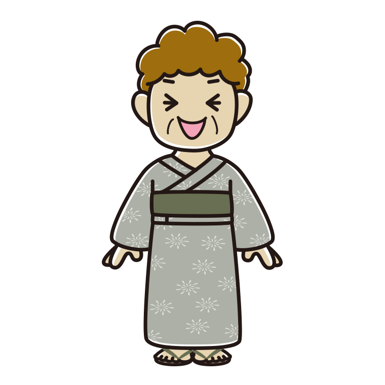 笑う浴衣姿のおばさんのイラスト【色あり、背景なし】透過PNG