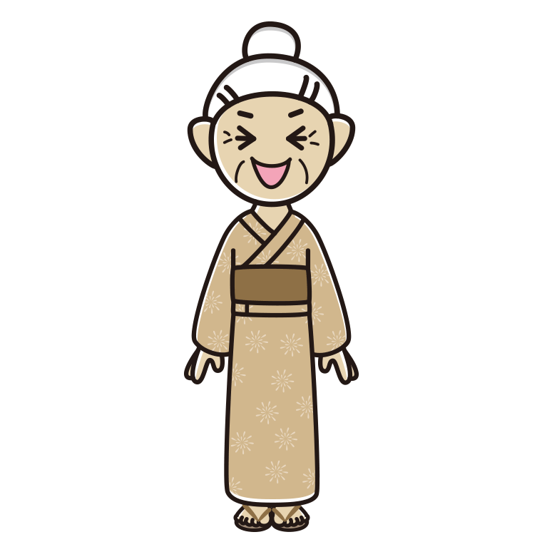 笑う浴衣姿のおばあさんのイラスト【色あり、背景なし】透過PNG