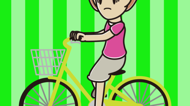 自転車に乗って困る女性のイラスト【色、背景あり】PNG