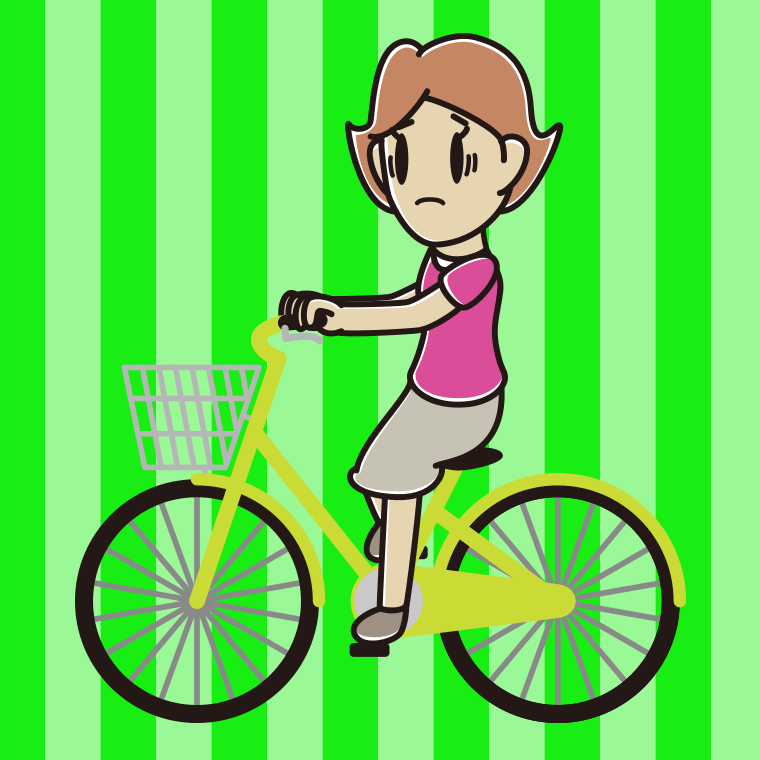 自転車に乗って困る女性のイラスト【色、背景あり】PNG