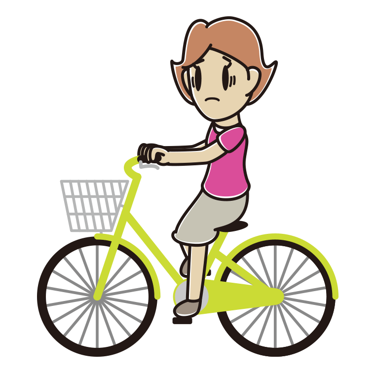 自転車に乗って困る女性のイラスト【色あり、背景なし】透過PNG