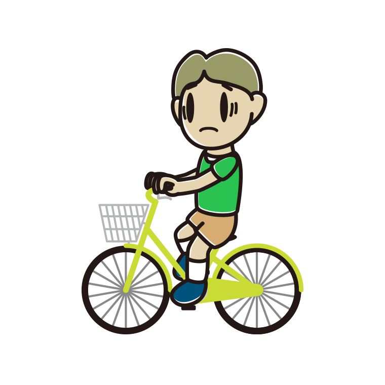自転車に乗って困る小学生男子のイラスト【色あり、背景なし】透過PNG