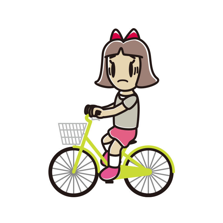 自転車に乗って困る小学生女子のイラスト【色あり、背景なし】透過PNG