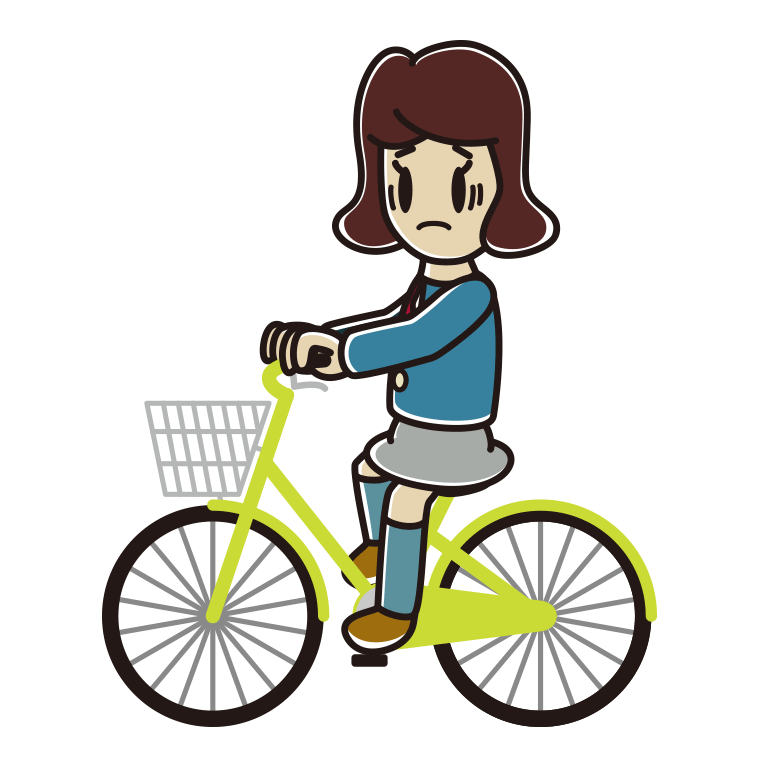 自転車に乗って困る女子高校生のイラスト【色あり、背景なし】透過PNG
