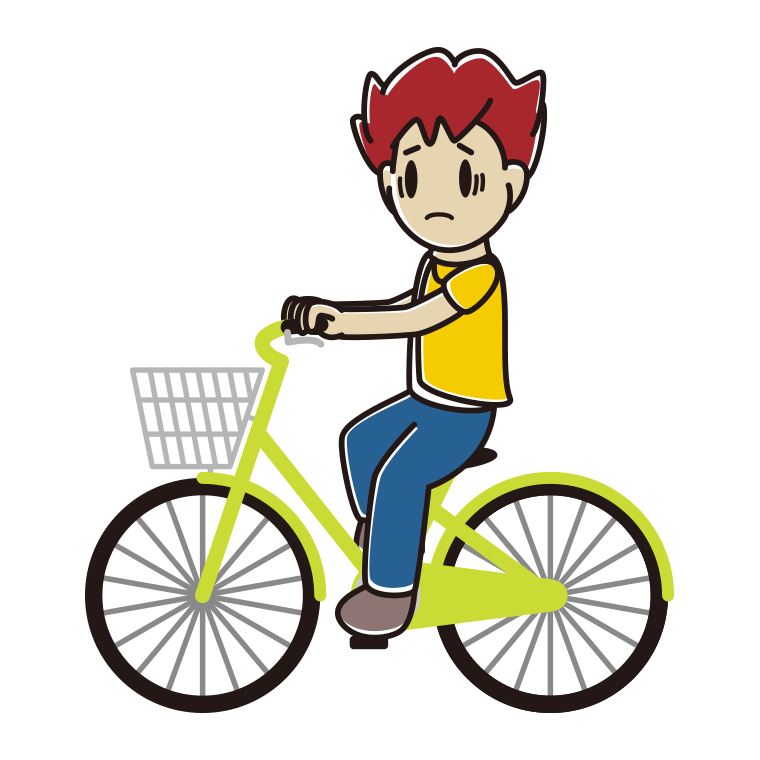 自転車に乗って困る男子大学生のイラスト【色あり、背景なし】透過PNG