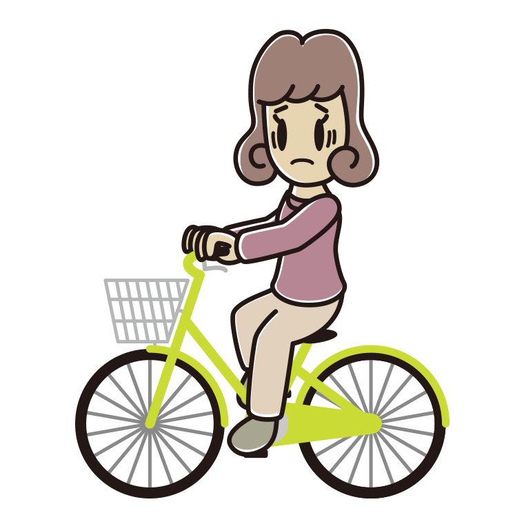 自転車に乗って困る女子大学生のイラスト【色あり、背景なし】透過PNG