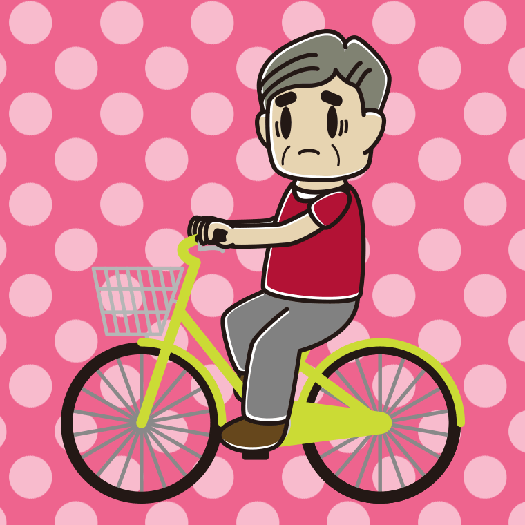 自転車に乗って困るおじさんのイラスト【色、背景あり】PNG