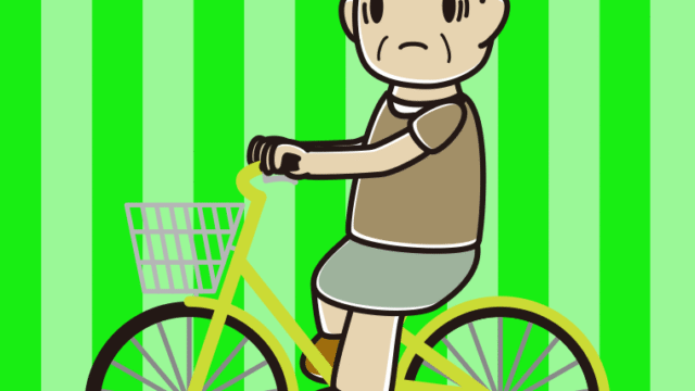自転車に乗って困るおばさんのイラスト【色、背景あり】PNG