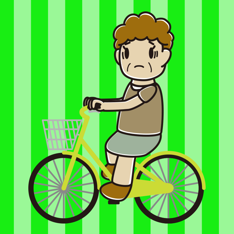 自転車に乗って困るおばさんのイラスト【色、背景あり】PNG