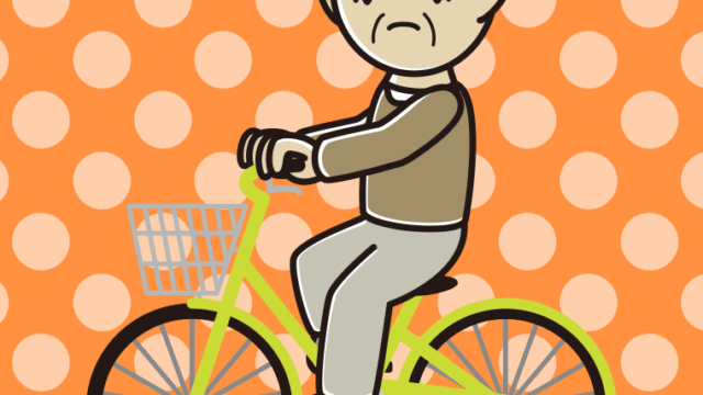 自転車に乗って困るおじいさんのイラスト【色、背景あり】PNG
