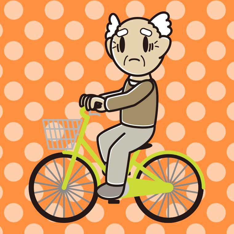 自転車に乗って困るおじいさんのイラスト【色、背景あり】PNG