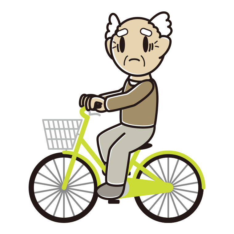 自転車に乗って困るおじいさんのイラスト【色あり、背景なし】透過PNG