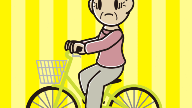 自転車に乗って困るおばあさんのイラスト【色、背景あり】PNG