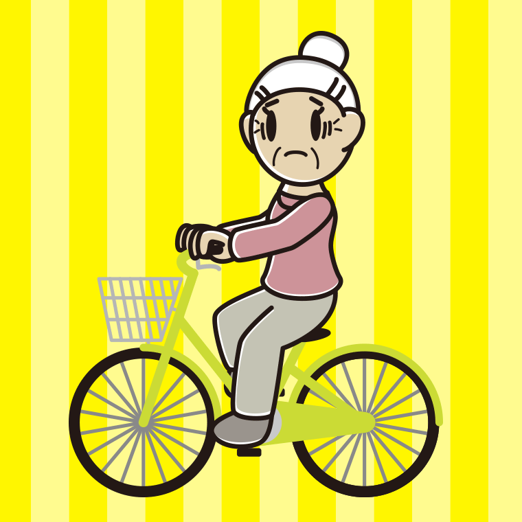 自転車に乗って困るおばあさんのイラスト【色、背景あり】PNG