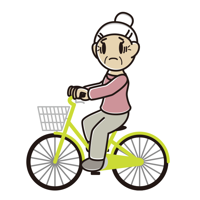 自転車に乗って困るおばあさんのイラスト【色あり、背景なし】透過PNG