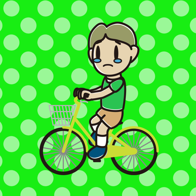 自転車に乗って泣く小学生男子のイラスト【色、背景あり】PNG