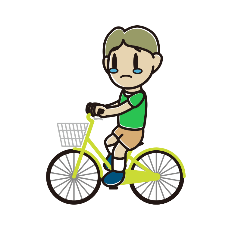 自転車に乗って泣く小学生男子のイラスト【色あり、背景なし】透過PNG