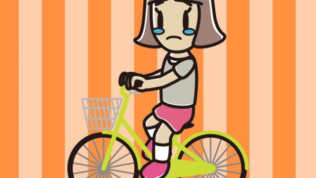 自転車に乗って泣く小学生女子のイラスト【色、背景あり】PNG