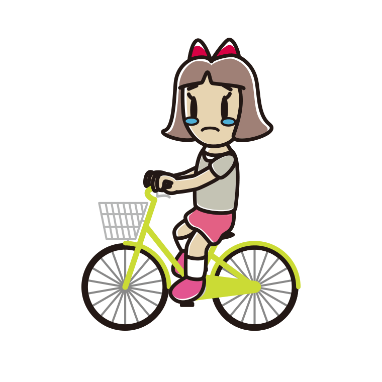 自転車に乗って泣く小学生女子のイラスト【色あり、背景なし】透過PNG